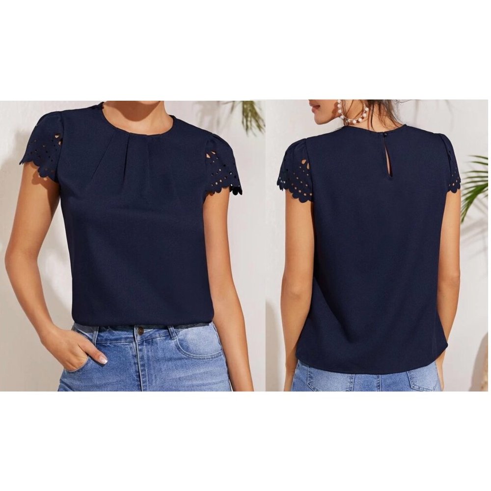 Shein Scallop Trim Laser Cut Sleeve Pleated Detail Top - Navy Blue - Size M